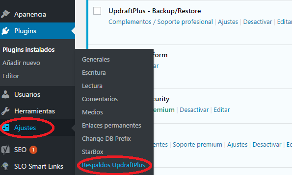 Una vez instalado vamos a Ajustes -> Respaldos UpdraftPlus