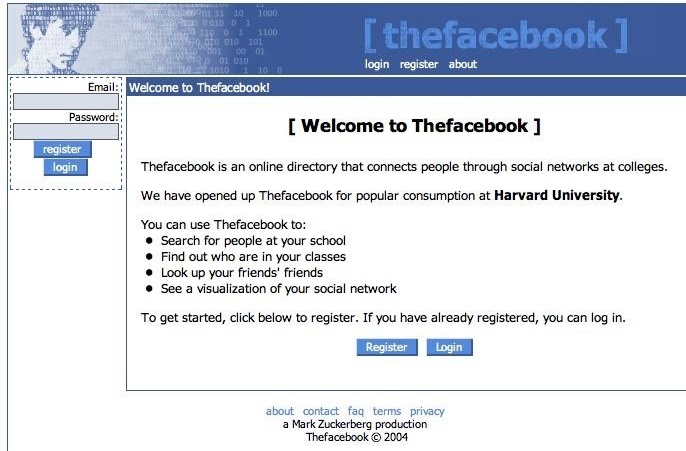 Página de entrada a Facebook en el 2004