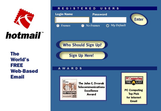 Página de entrada al servicio de hotmail en 1997