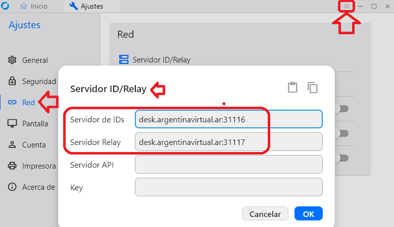 Una vez descargado, hacés click en las tres rayas arriba a la derecha, vas a red y agregas en "Servidor de IDs: desk.argentinavirtual.ar:31116" y en "Servidor Relay: desk.argentinavirtual.ar:31117". Luego nos pasas tu ID y contraseña o simplemente aceptas la conexión.